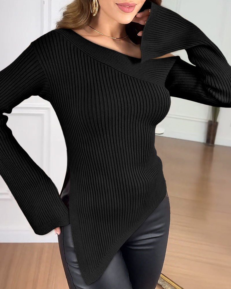

One Shoulder Split Sleeve Asymmetrical Hem Sweater Slim Fit Ribbed Top, Black