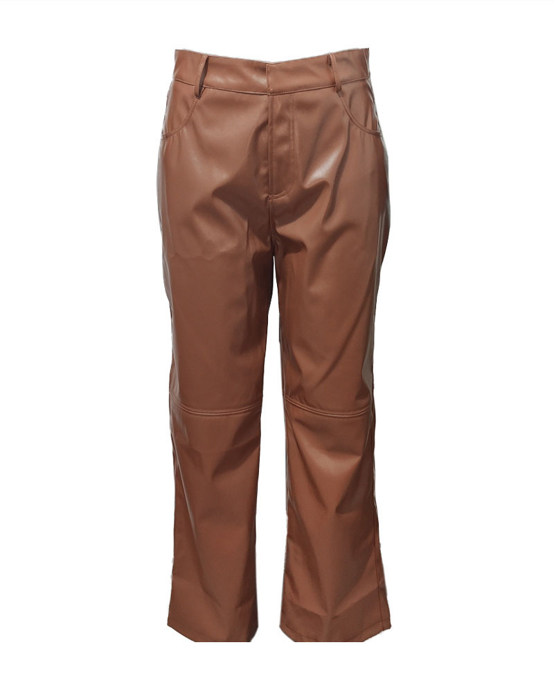 

Zipper Fly Pocket Detail PU Leather Pants, Brown