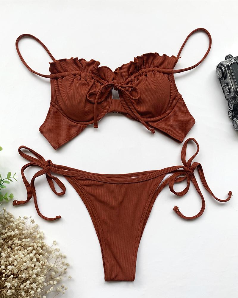 

Frill Hem Sleeveless Tied Detail Bikini Set, Coffee