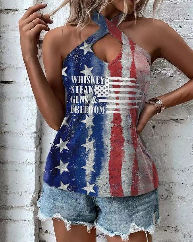 

Independence Day Flag Letter Print Cross Halter Tank Top, Multicolor