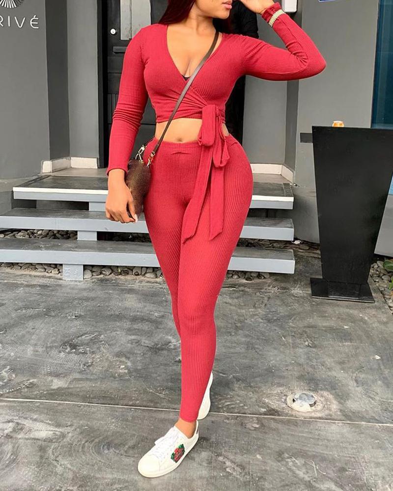 

Ribbed Tie Front Wrap Crop Top & Skinny Pants Set, Red