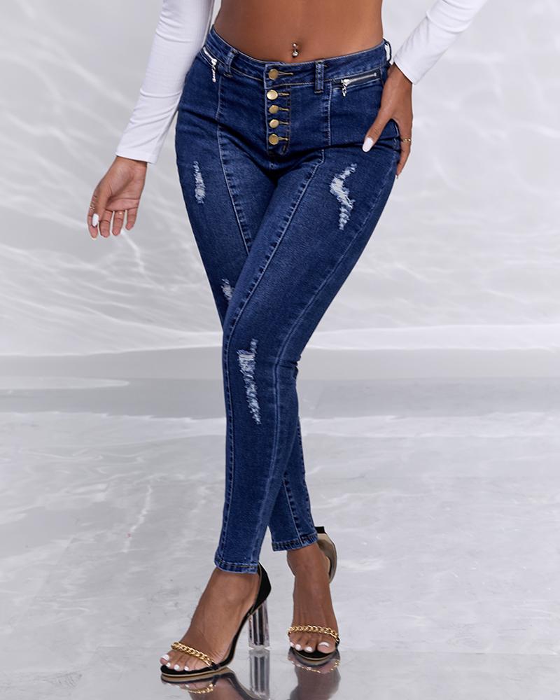 

Button Fly Zipper Detail Ripped Skinny Jeans, Dark blue
