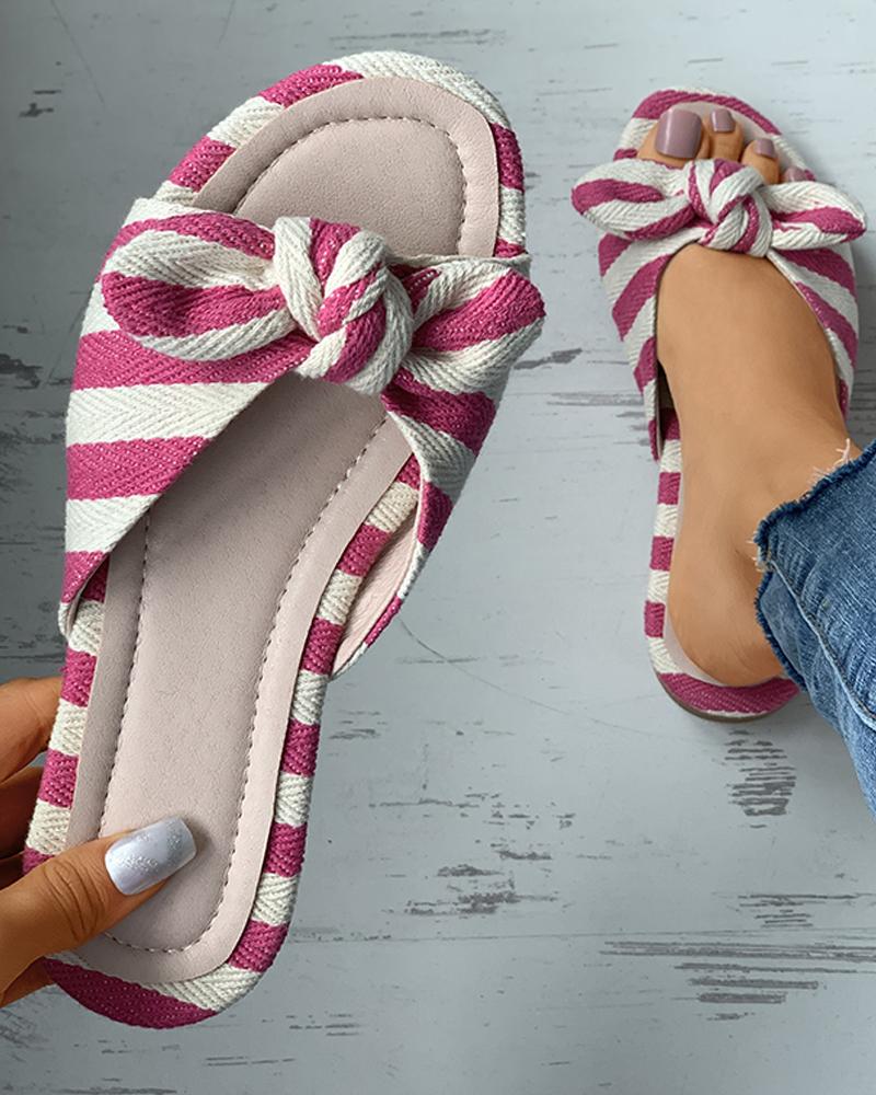 

Ditsy Floral Print Striped Colorblock Bowknot Sliders, Pink