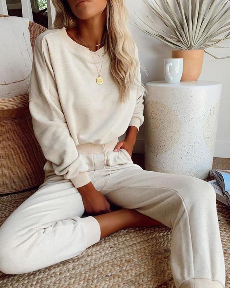 

Plain Long Sleeve Top & Drawstring Pants Set, Apricot