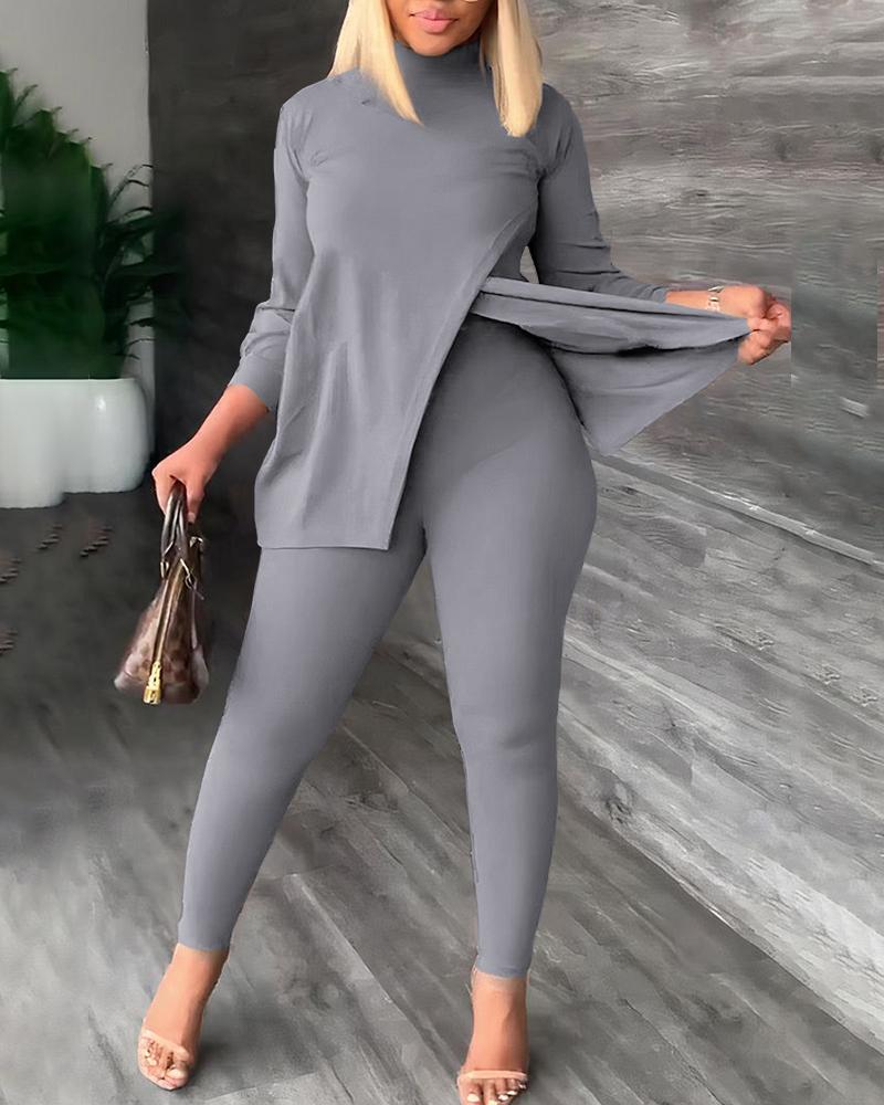 

Long Sleeve Slit Top & High Waist Pants Set, Gray