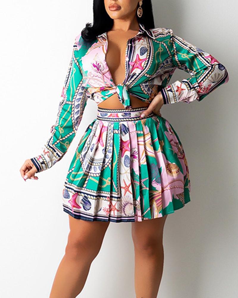 

All Over Print Knot Front Crop Top & Pleated Skirt Set, Green
