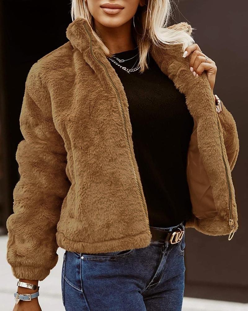 

Fluffy Zipper Design Teddy Coat, Khaki