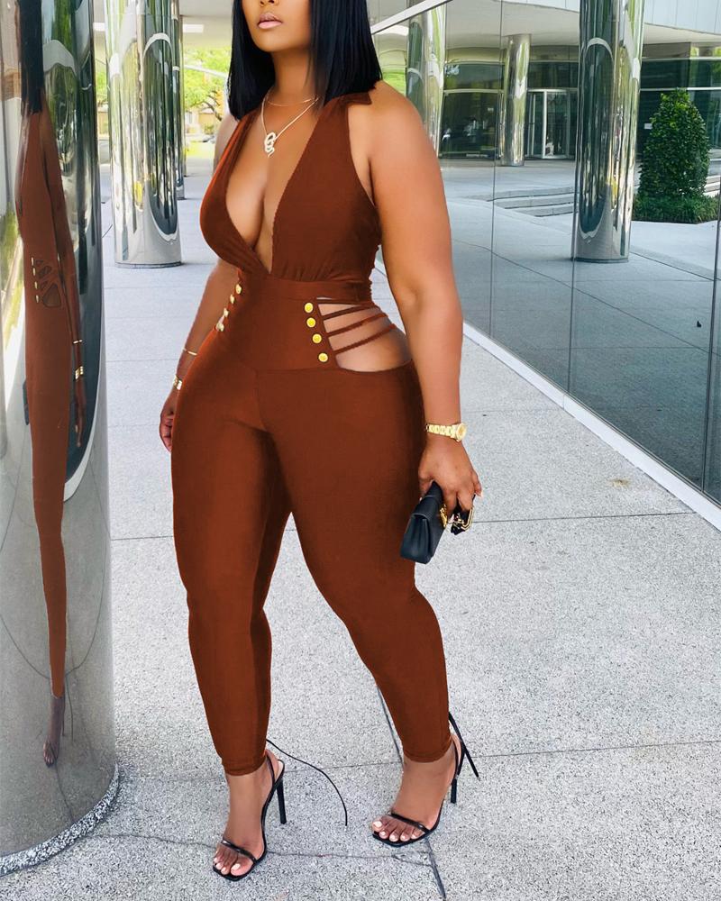 

Plunging Halter Backless Cutout Skinny Jumpsuit, Brown