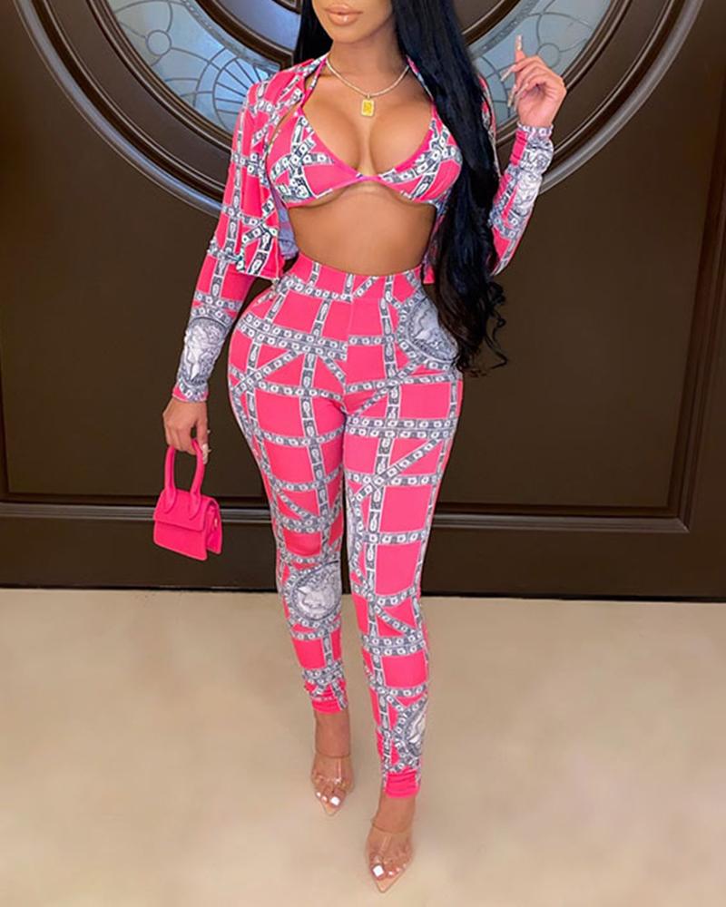 

Retro Patterns Printing Long Sleeve Coats With Bras And Skinny Pants Suit Sets, Hot pink