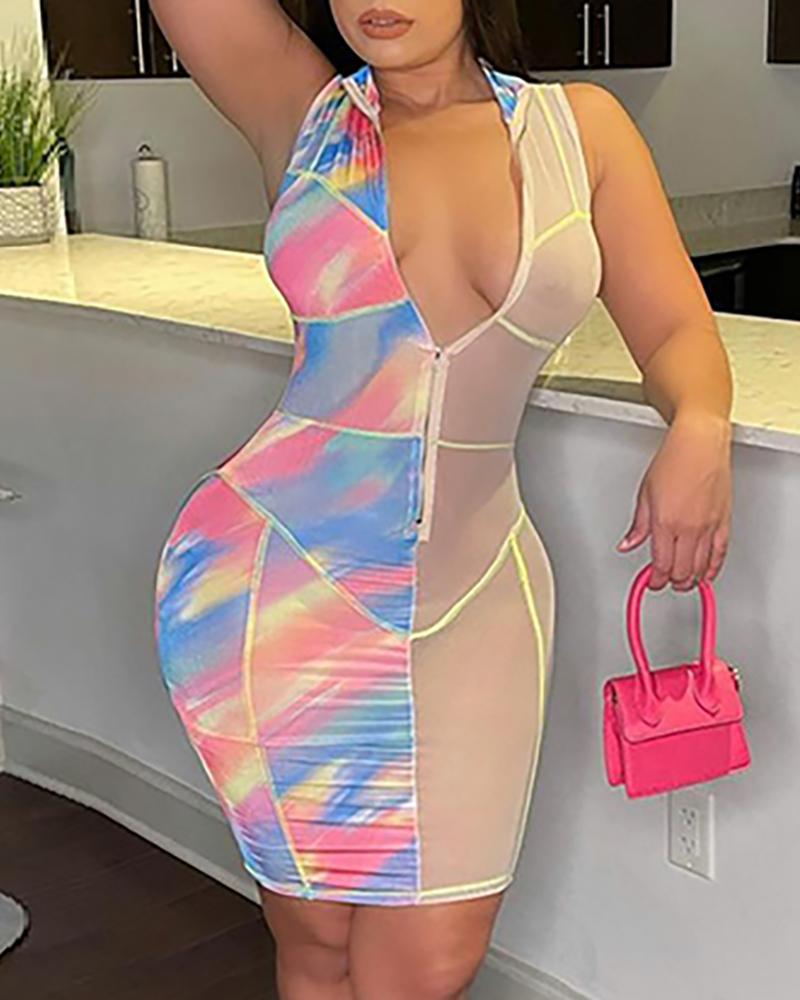 

Sleeveless Colorblock Zipper Design Bodycon Dress, Pink