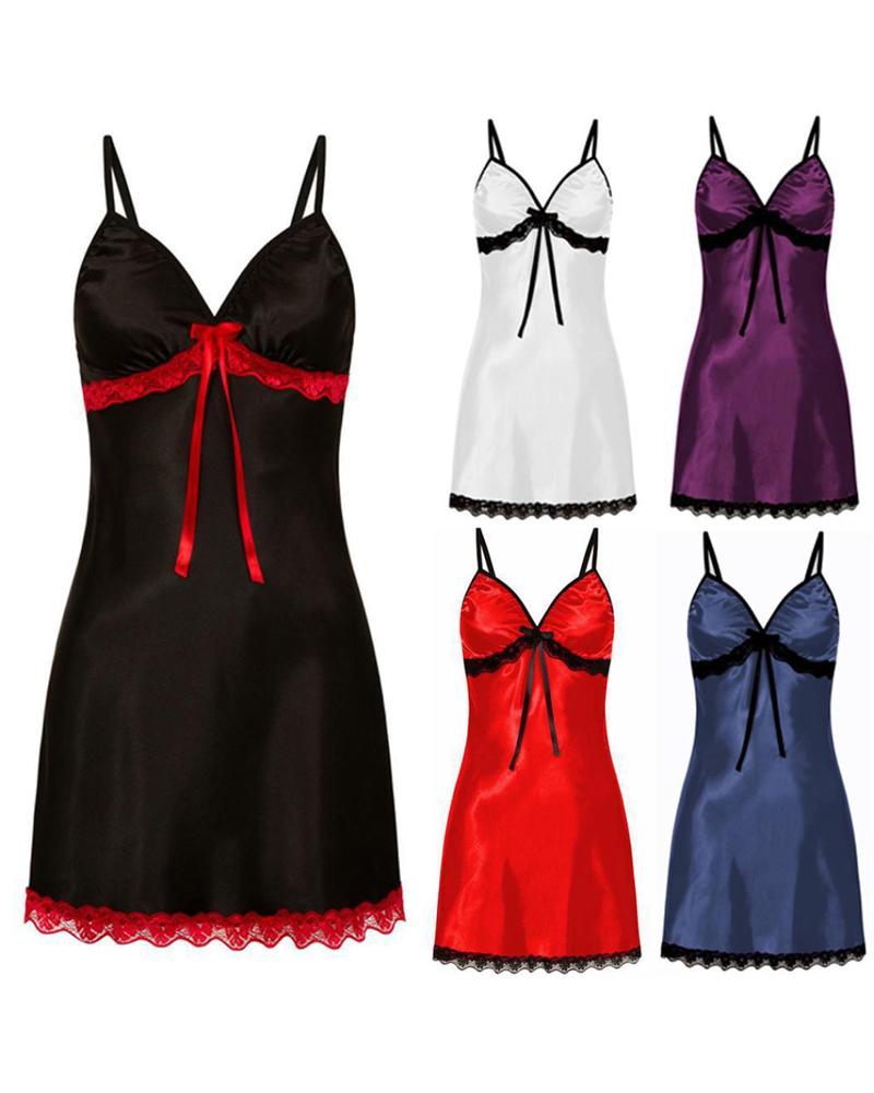

Spaghetti Strap Contrast Lace Nightdress, Black