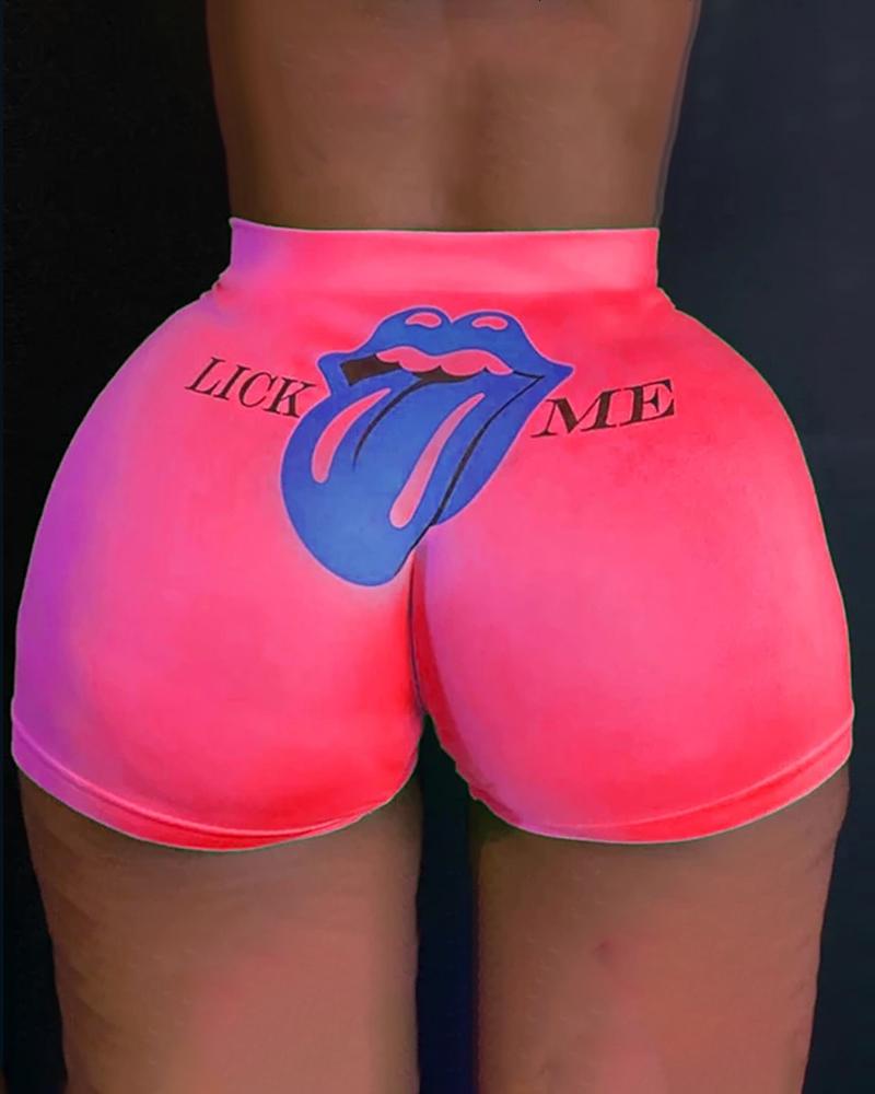 

Lip Letter Print High Waist Casual Shorts, Pink