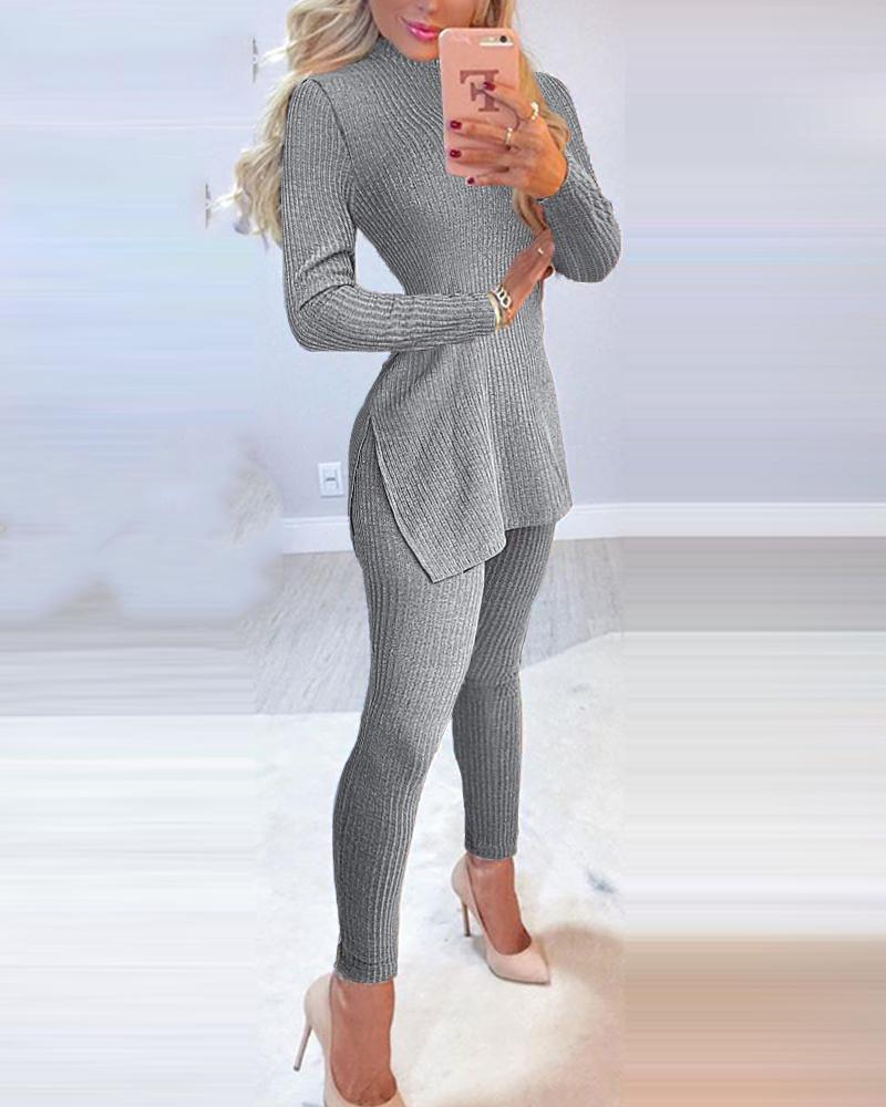 

Slit Long Sleeve High Neck Knit Pajamas Set, Gray