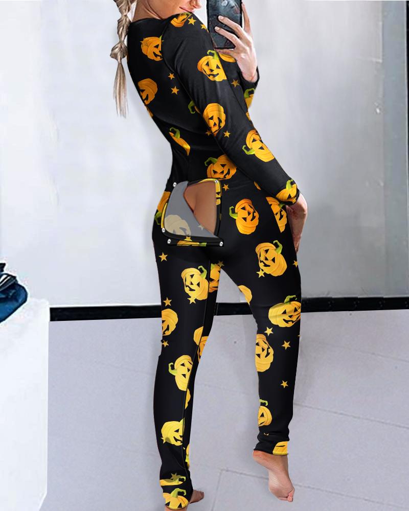 

Halloween Pumpkin Print Functional Button Design Adult Onesie, Black
