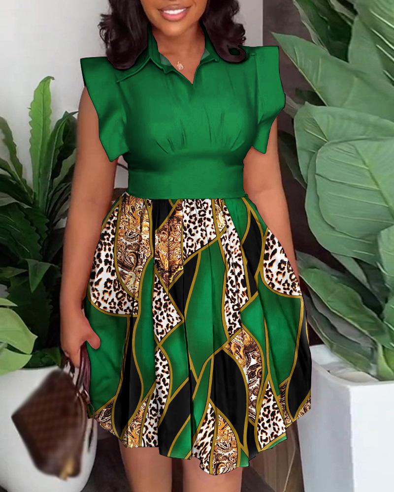 

Baroque Leopard Print Flutter Sleeve Pleated Casual Dress, Green