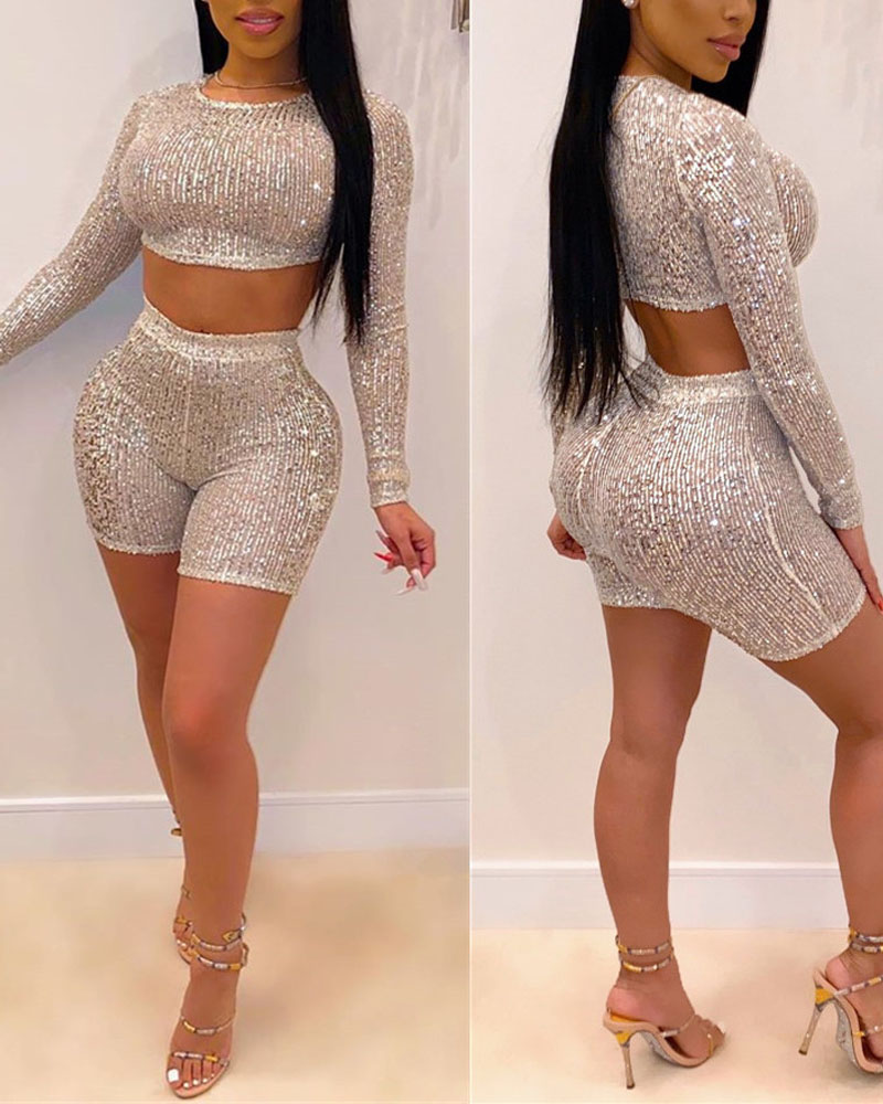 

Sequin Long Sleeve Crop Top & Shorts Set, Apricot