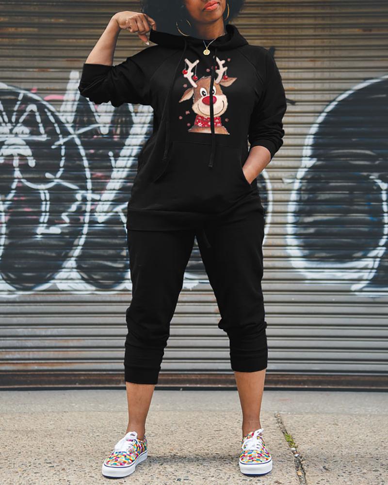 

Christmas Elk Print Pocket Design Hooded Sweatshirt & Pants Set, Black