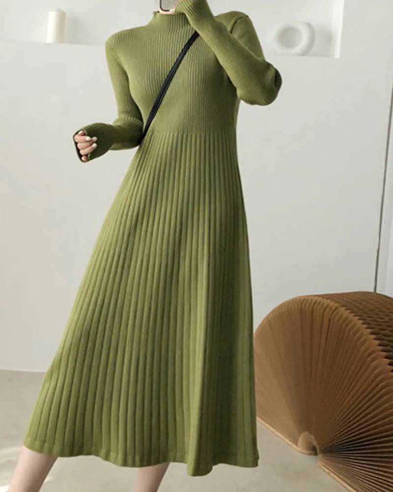 

Long Sleeve A-Line Knit Sweater Dress, Green
