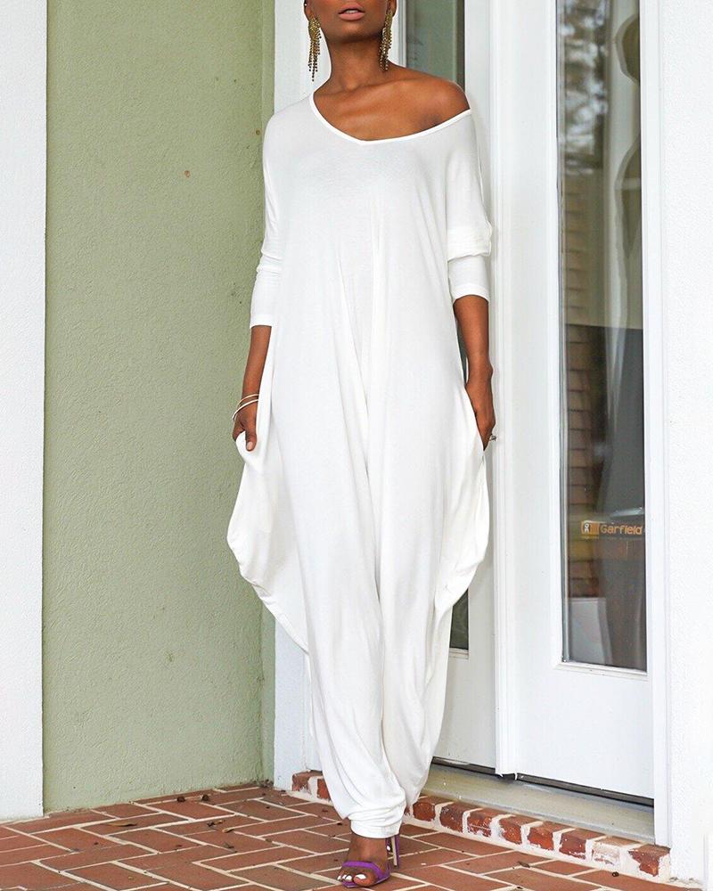 

V-Cut Open Back Casual Baggy Jumpsuit, White
