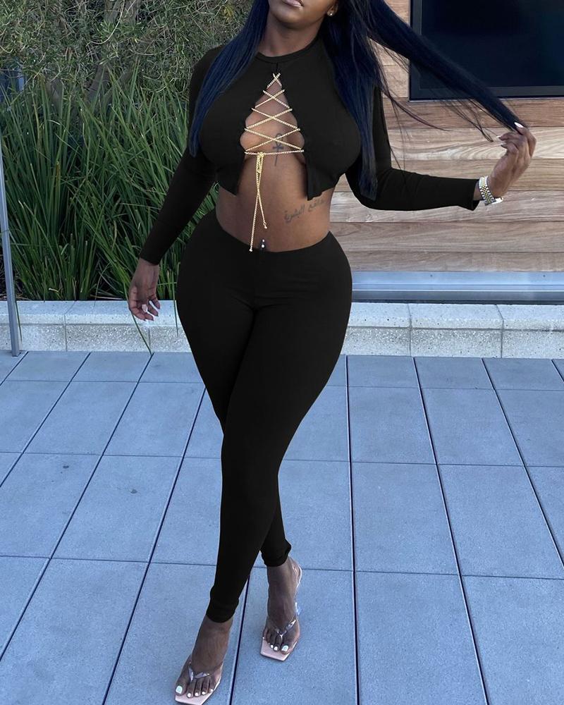 

Solid Chain Lace-up Crop Top & Pants Set, Black