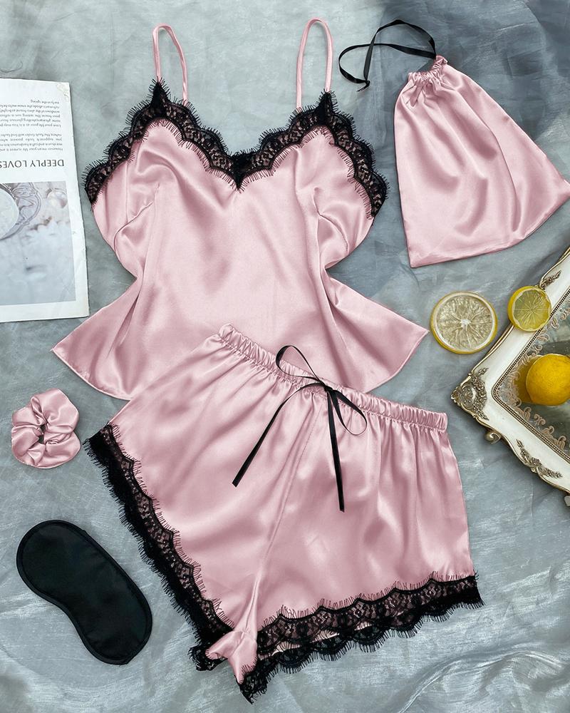 

Contrast Lace Bow Decor Cami Set, Pink