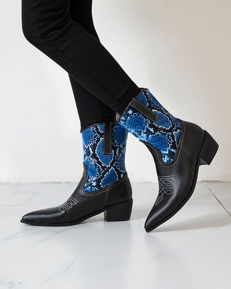 

Point Toe Crocodile Print Western Ankle Boots, Blue