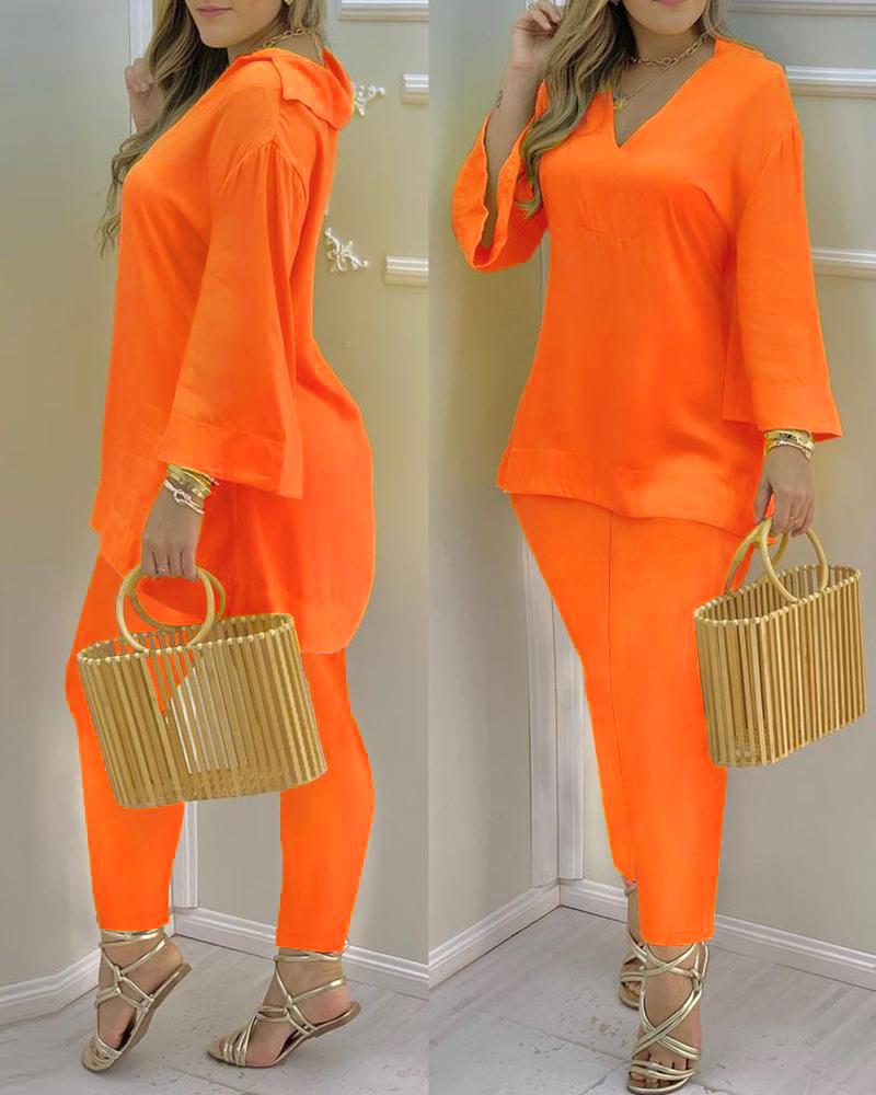 

Bell Sleeve V-Neck Casual Top & Pants Set, Orange