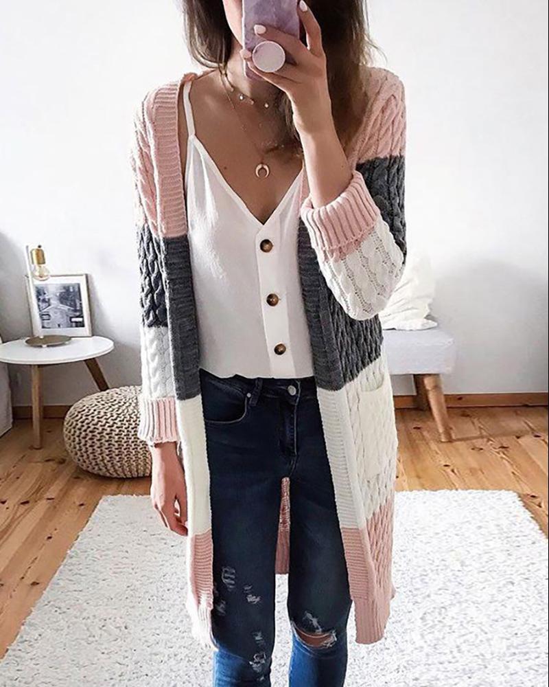 

Knit Long Sleeve Colorblock Braided Cardigan, Pink
