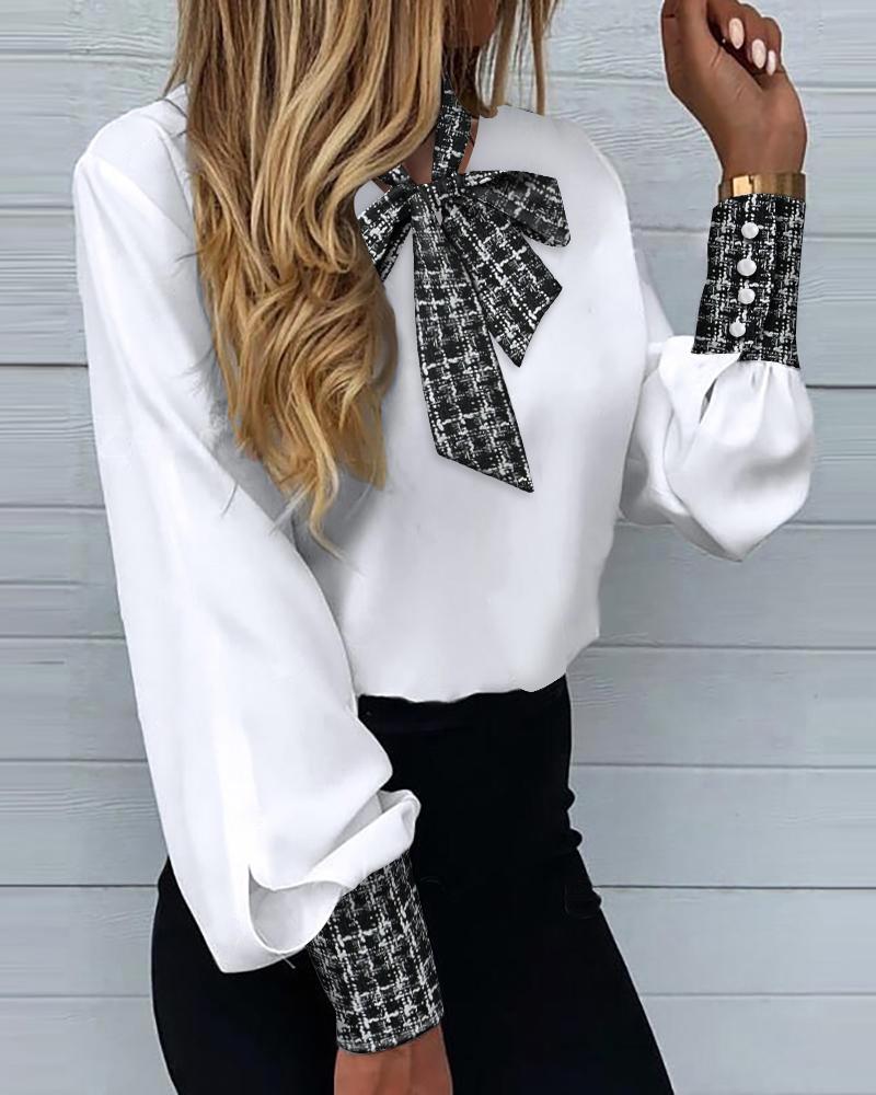 

Plaid Print Lantern Sleeve Tie Neck Top, White