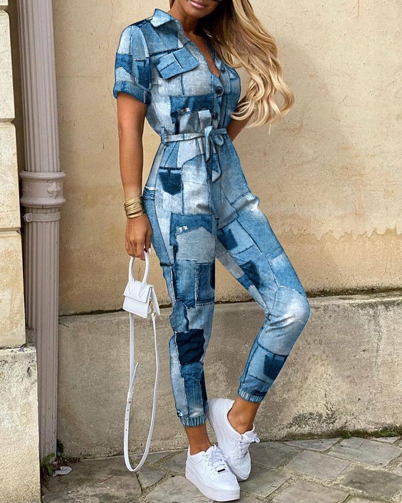 

Denim Look Print Button Front Belted Jumpsuit, Blue