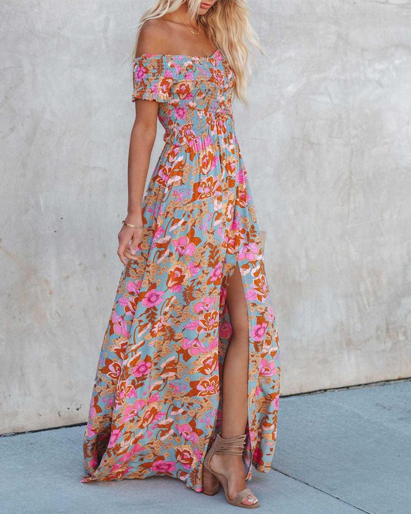 

Floral Print Crisscross Shirred Off Shoulder Slit Maxi Dress, Style3