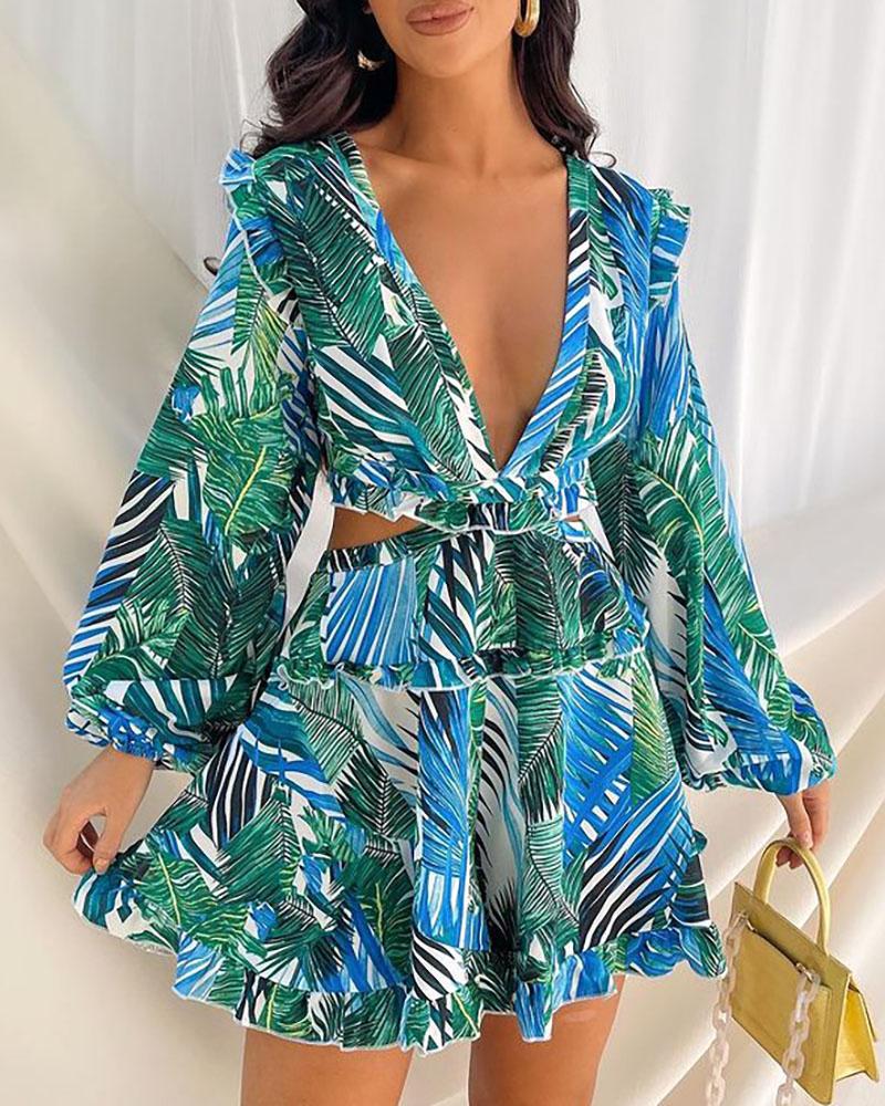 

Tropical Print Backless Lace Up Frill Hem Top & Skirt Sets, Green