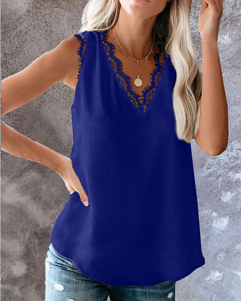 

Contrast Lace V-Neck Tank Top, Blue