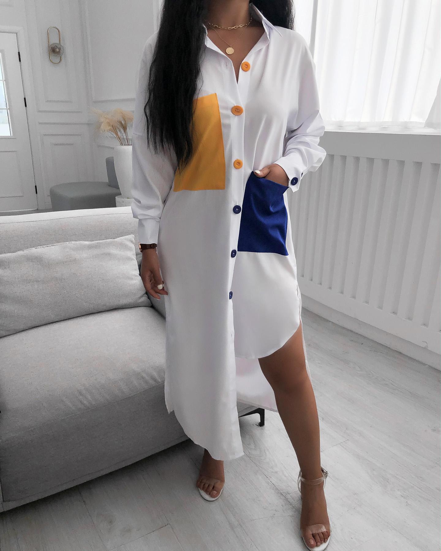 

Colorblock Pocket Design Irregular Shirt Dress, White