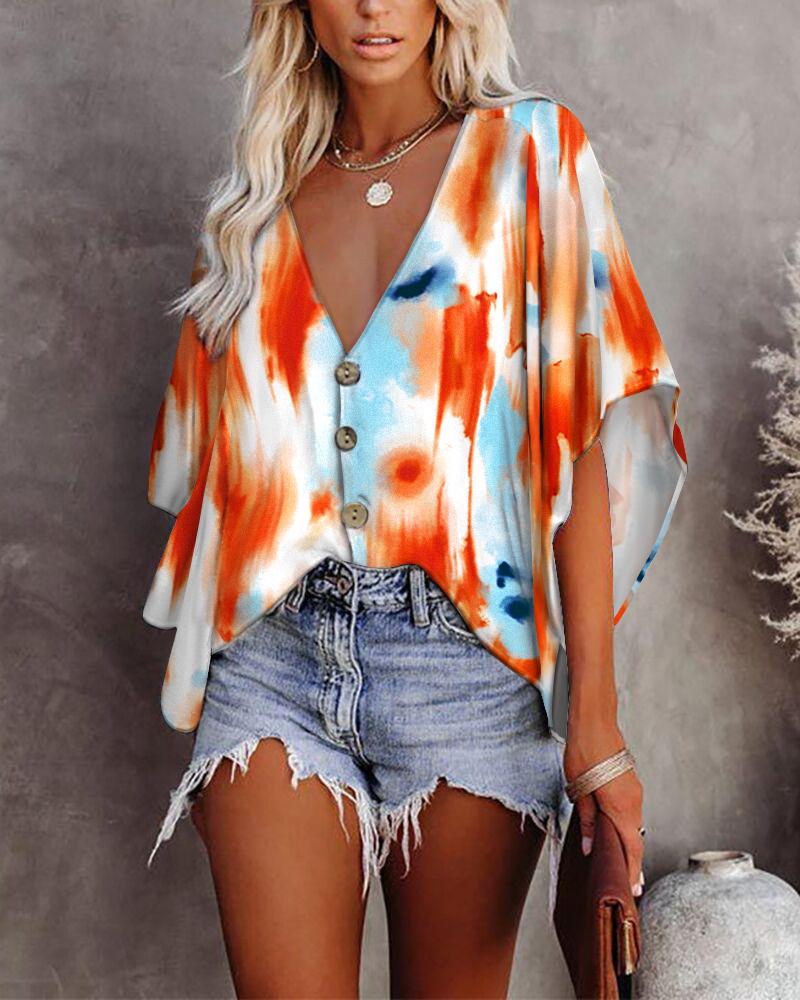 

Tie Dye Print Batwing Sleeve Button Front Top, Multicolor