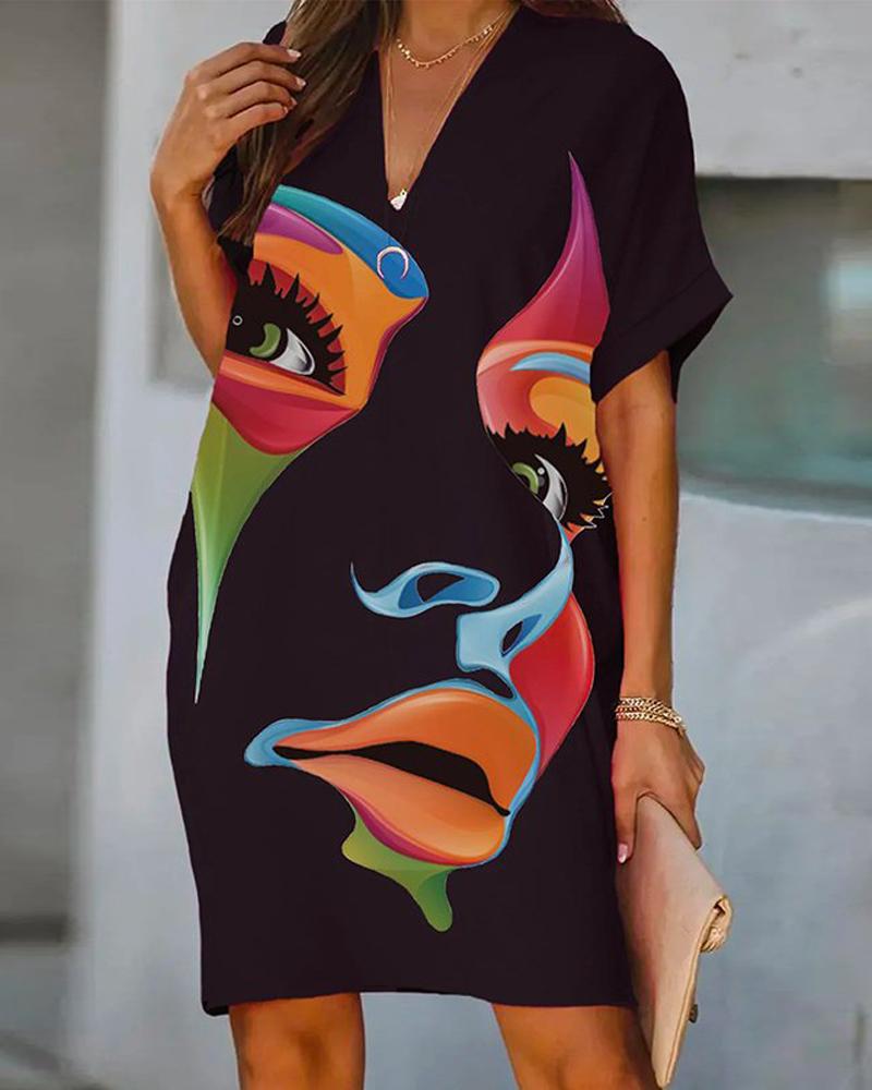 

Abstract Figure Print Casual Dress, Black