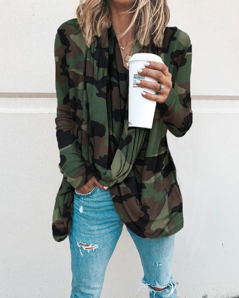 

V Neck Camouflage Print Loose Blouse, Camoflage