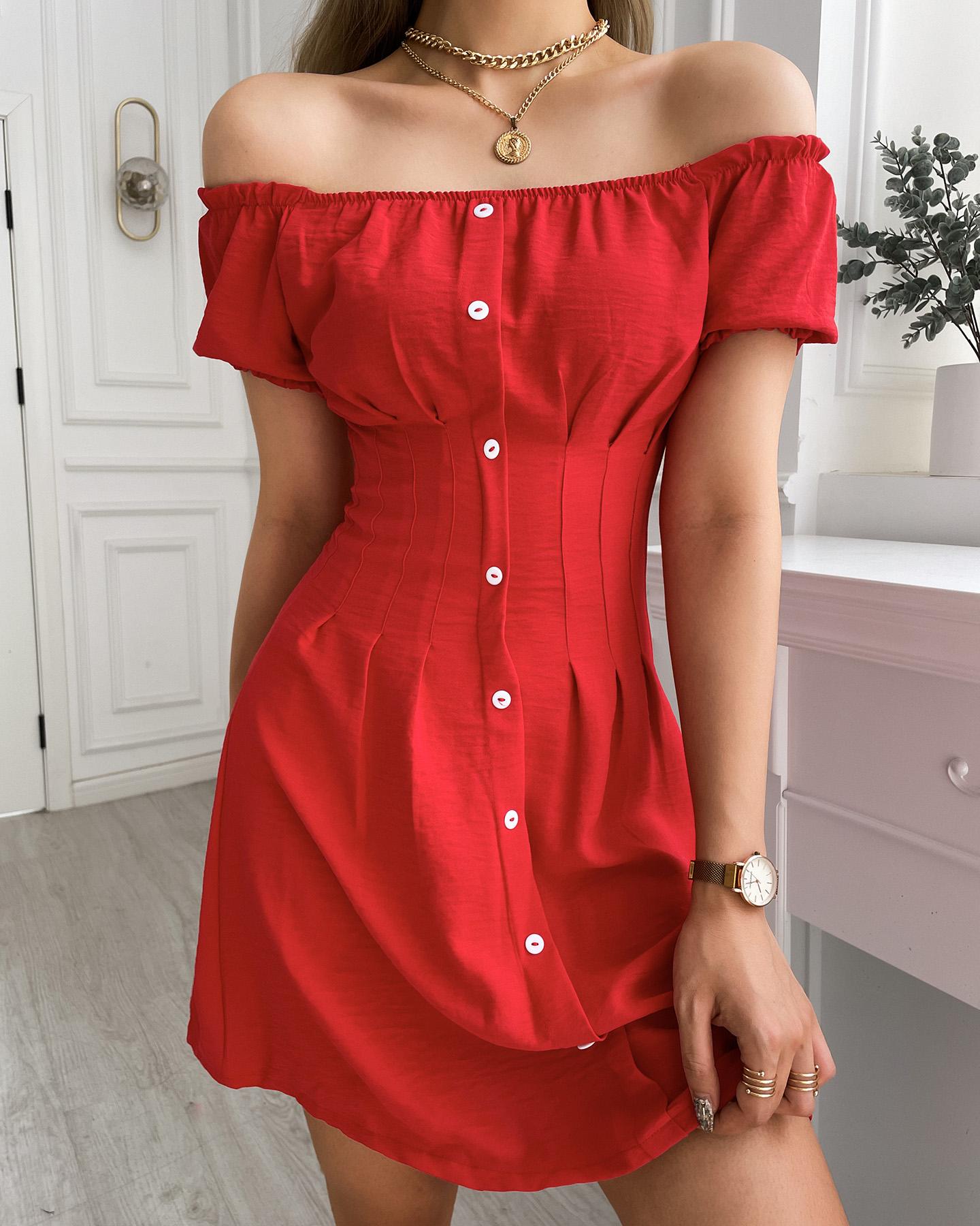 

Off Shoulder Puff Sleeve Button Design Casual Dress Casual Solid Color Sundress, Red