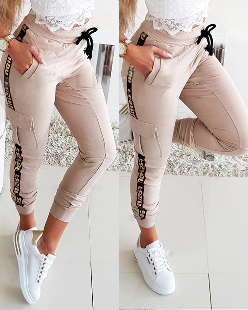 

Letter Print Tape Flap Pocket Drawstring Cargo Pants, Apricot