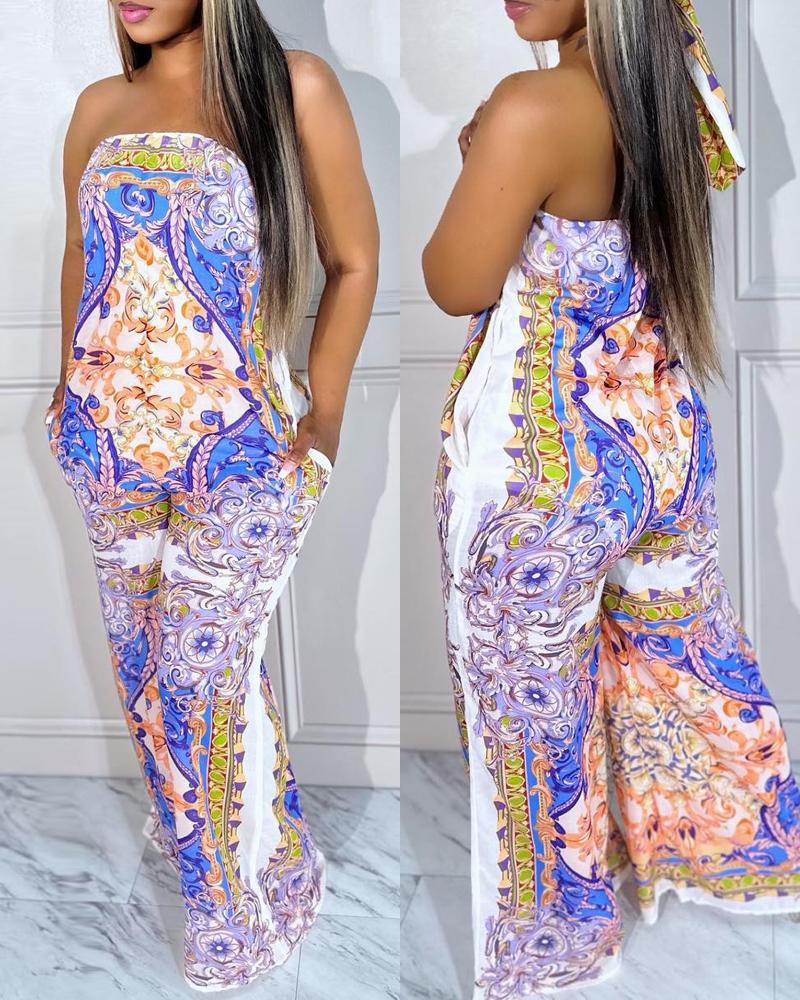 Baroque Scarf Print Bandeau Wide Leg Jumpsuit