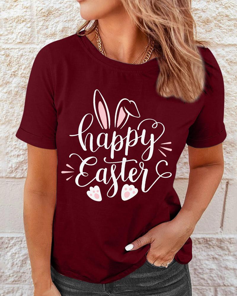 

Happy Easter Bunny Letter Print Crew Neck Casual T-shirt, Wine red