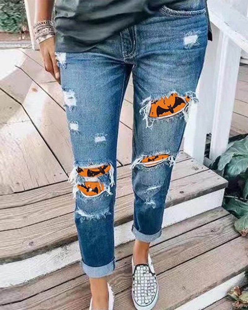 

Halloween Bat Print Patchwork Ripped Jeans, Blue