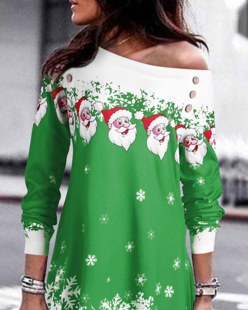 

Christmas Snowflake Santa Print Sweatshirt Dress, Green
