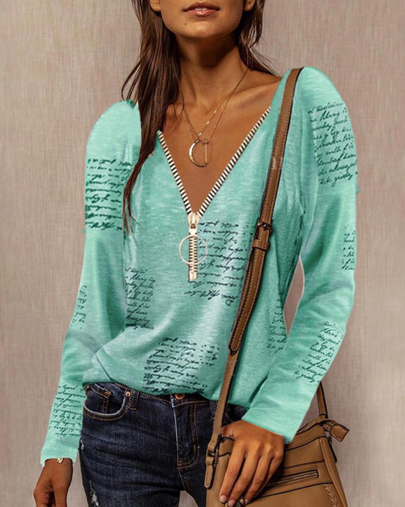 

Letter Print Zipper V-Neck Long Sleeve Top, Lighted blue