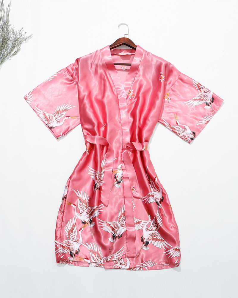 

Crane Print Belted Satin Robe, Hot pink