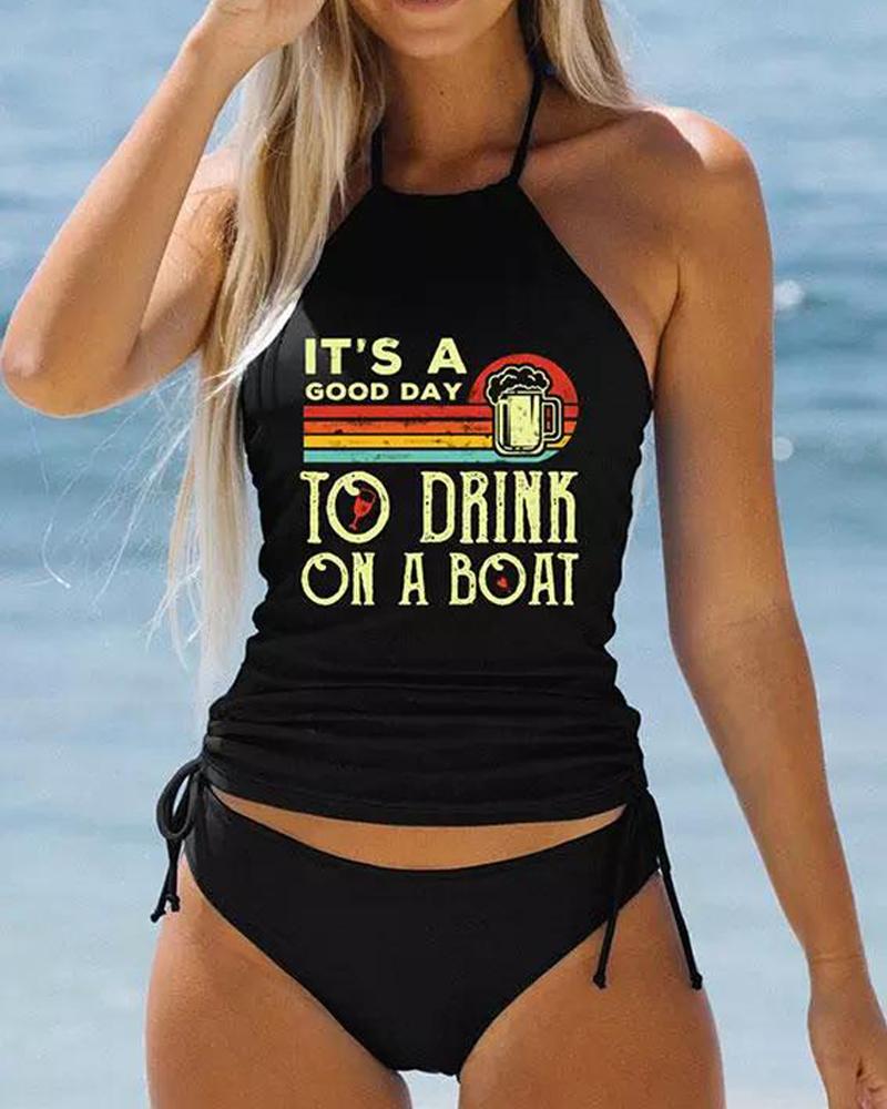 

It' A Good Day To Drink On A Boat Print Drawstring Halter Tankini Set, Black