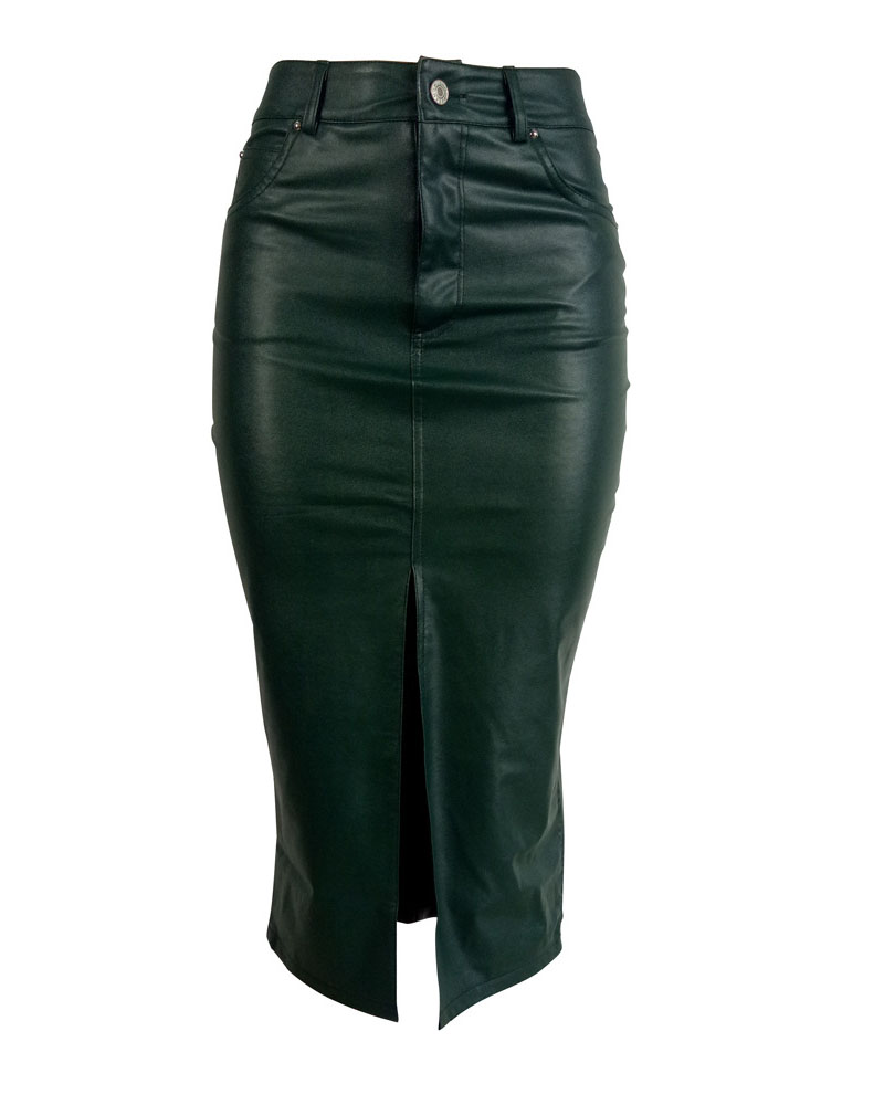 

Zipper Fly Split Front PU Leather Skirt, Green