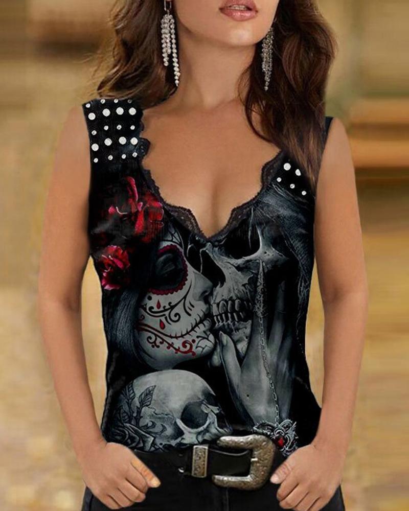 

Skull Print Beaded Decor Sleeveless Tank Top, Black