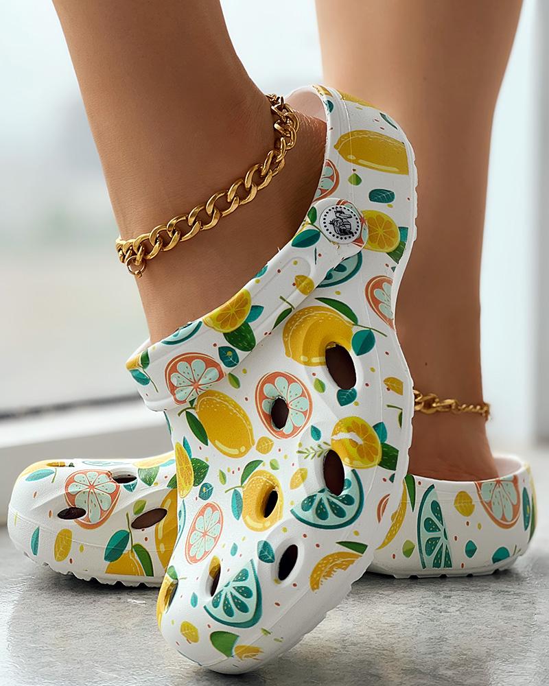 

Lemon Floral Print Hollow Out Clog Sandals, White&yellow