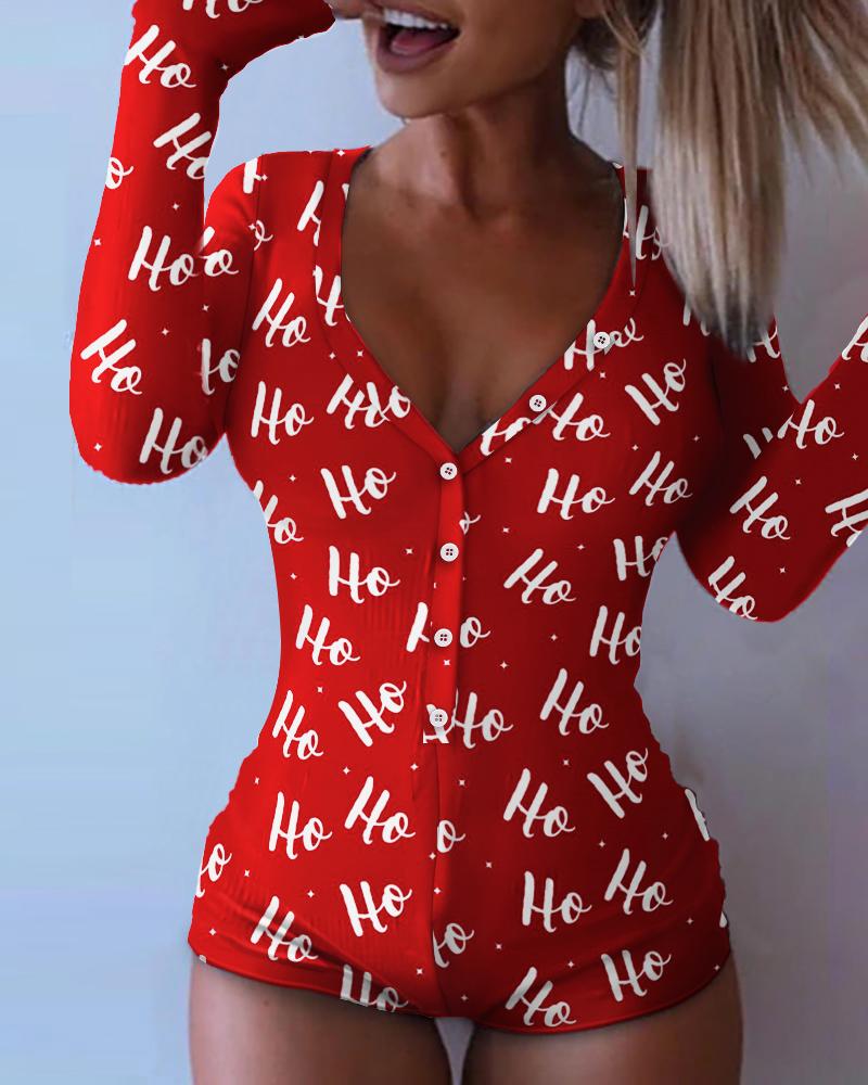 

Christmas Letter Print Button Front Adult Onesie, Red